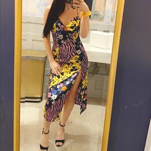 OPEN BACK Multipattern purple & yellow silk dress